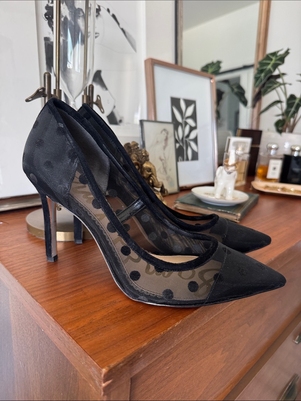 Sam Edelman Black Polka Dot Mesh Pointed Toe Pumps - Picture 3 of 4